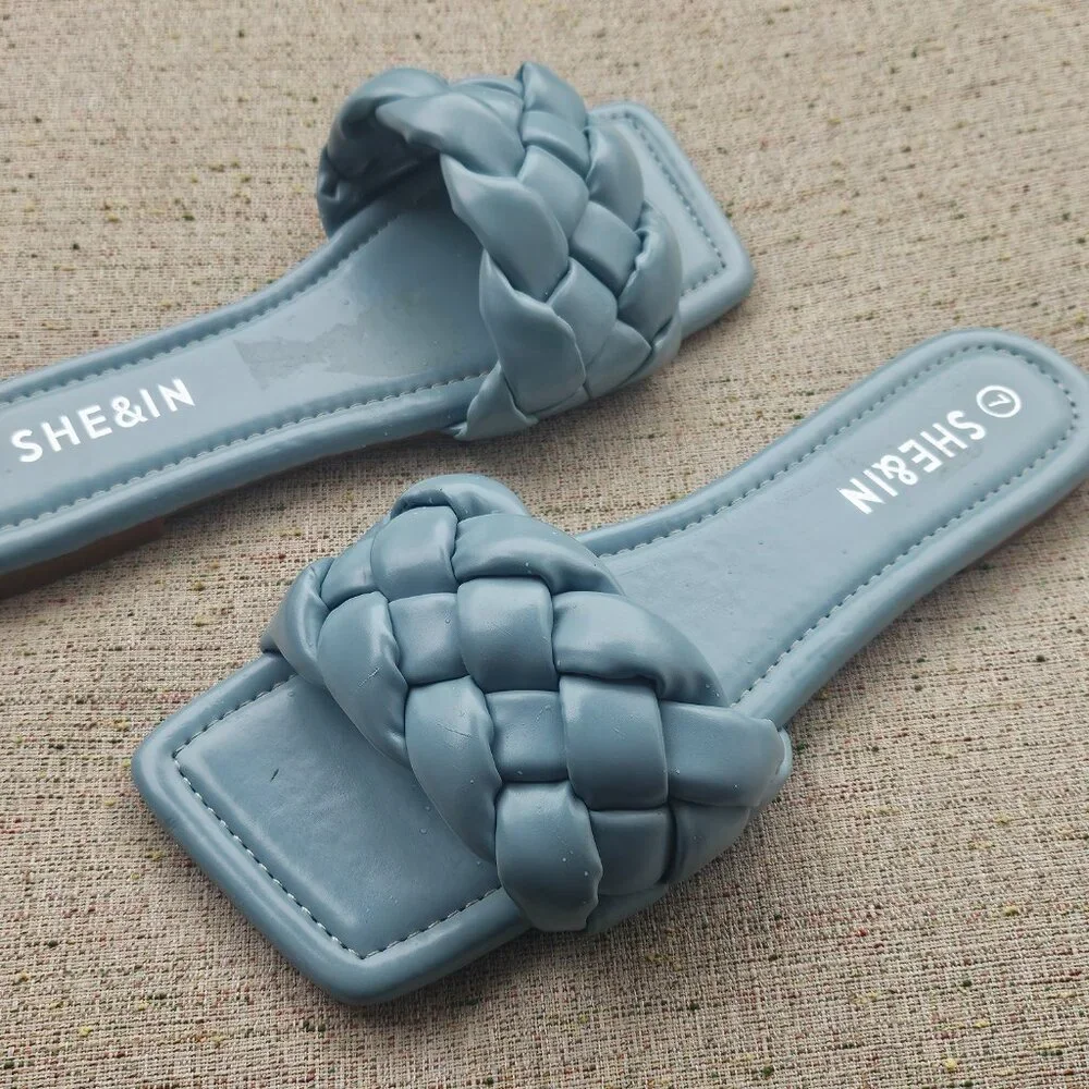 SHE&IN Women's Flat Braided Strap Slipper Blue Faux Leather Sandal Shoe Size 7 - Picture 4 of 9